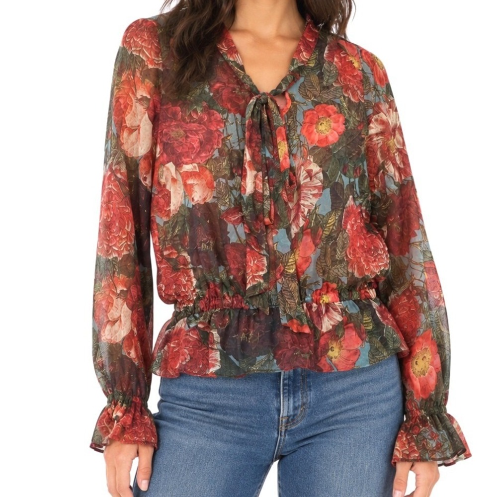 Haute Hippie Silk Floral Tie Neck Blouse Womens S Red Rose Smocked Boho Romantic